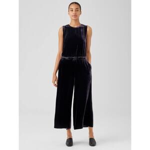 Eileen Fisher‎ black crushed velvet scoop neck wide-leg jumpsuit XXS